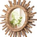12 Inch Boho Sunburst Mirror, Round Wooden Wall Decor Starburst Sun Mirror for Bedroom, Living Room, Bathroom, Hallway, Balcony, Farmhouse Entryway, Housewarming Gift