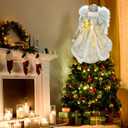 Angel Tree Topper with LED Light, 14" Angel Treetop Figurine with Dress, Feather Wings, and 10 Lights for Indoor and Outdoor Holiday Decoration, Xmas Home Ornaments-Silver