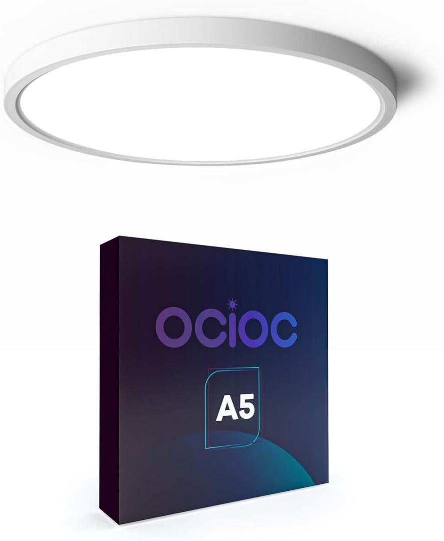 ocioc LED Flush Mount Ceiling Light Fixture, 12 inch 24 W 5000 K 3200 lm Flat Round Ceiling Lamp for Kitchen, Laundry Room (White)