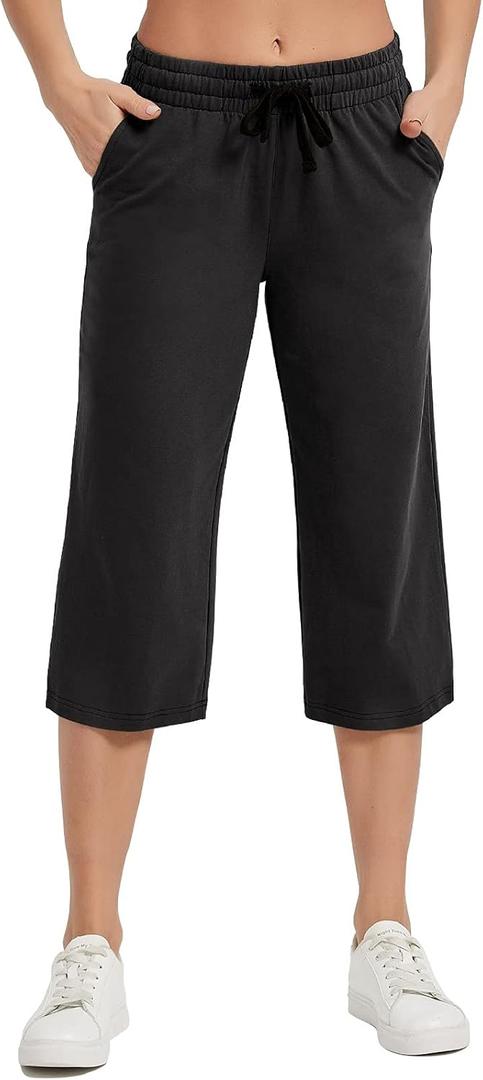 SPECIALMAGIC Women Capri Pants Cotton Yoga Wide Leg Pajama Pants Capris Sweatpants Sports (XX-Large, Black)