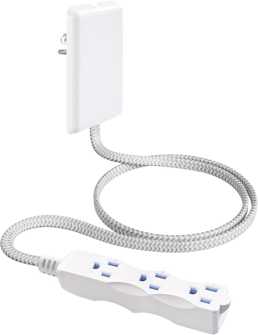 SURAIELEC 3FT Flat Extension Cord with Outlet Cover, 3 Outlets, Braided Flat Plug, 16 AWG Indoor Extension Cord for Compact Spaces, Home Office, ETL Listed