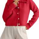 Ythomm Womens Ruffle Collar Cropped Cardigans Button Down Open Front Long Sleeve Knit Sweater Jackets Casual Solid Fall Tops (X-Large, Red)