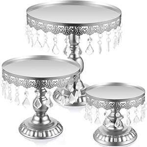 Eaasty 3 Pcs Cake Stand Set Round Cake Stand with Crystal Bling Pendants Dessert Table Display Set for Wedding Event Birthday Party Dessert Table(Sliver)