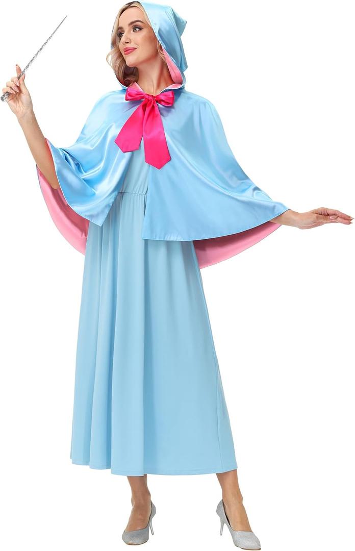 Women Halloween Godmother Dress Blue Fairy Costume Outfit With Hooded Cloak Mysterious Cosplay Party 2 Piece Set S