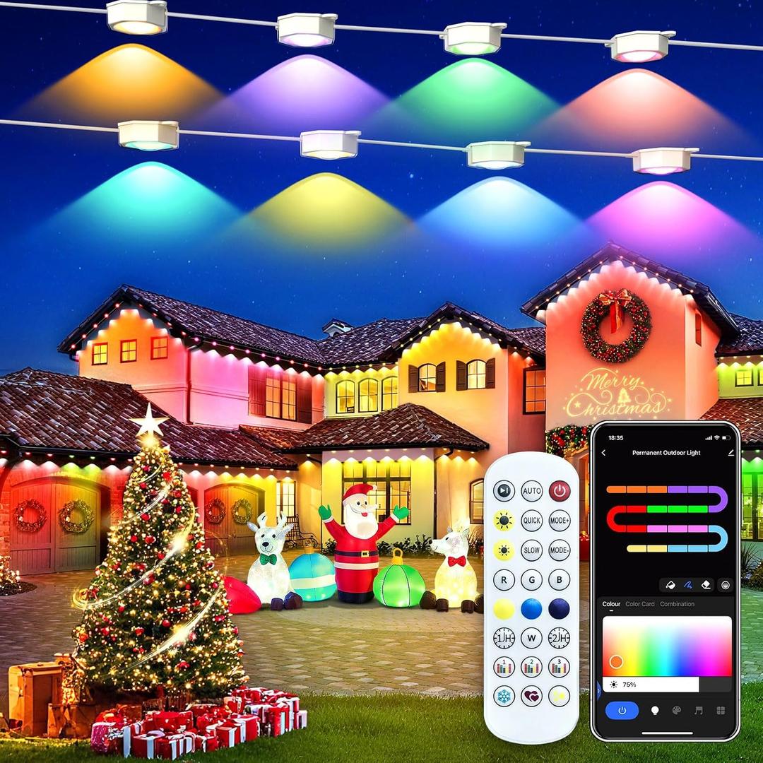 Smart Permanent Outdoor Lights for House, 150ft with 72 RGB+IC Permanent Outdoor Lights, P67 Waterproof with DIY Scene for Halloween Christmas Decor, Remote Control, Work with Alexa, Google Assistant