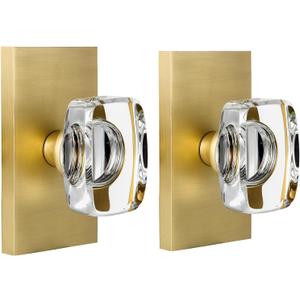 Satin Brass Crystal Glass Dummy Door Knob Interior, Gold Dummy Door Knob for Closet Hall Rectangular Single Side Non-Turning Inactive, 2 Pack