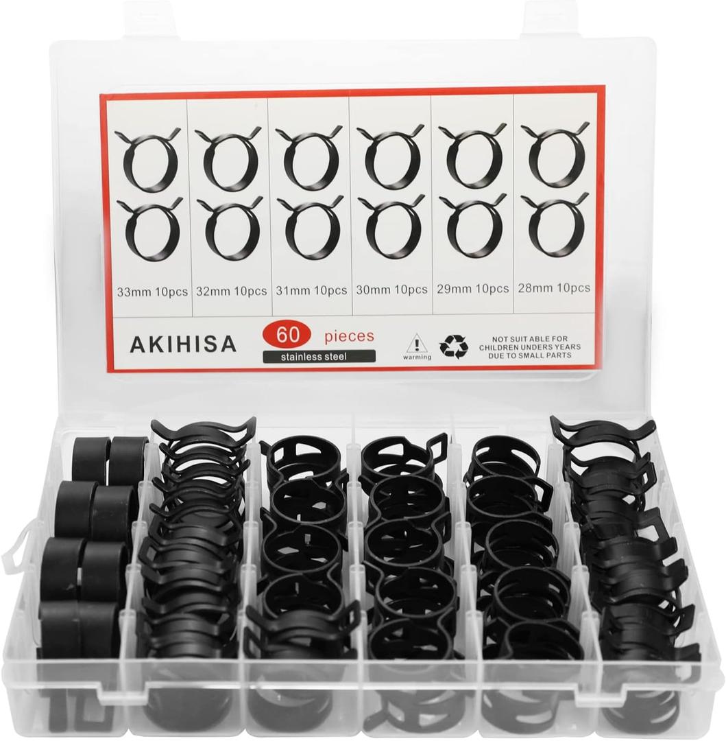 AKIHISA 60 Pcs 28-33mm Spring Hose Clamp, Spring steel 65Mn Fuel Hose Clamp, 6 sizes for Silicone Vacuum Fuel Oil Hose Line Clamps
