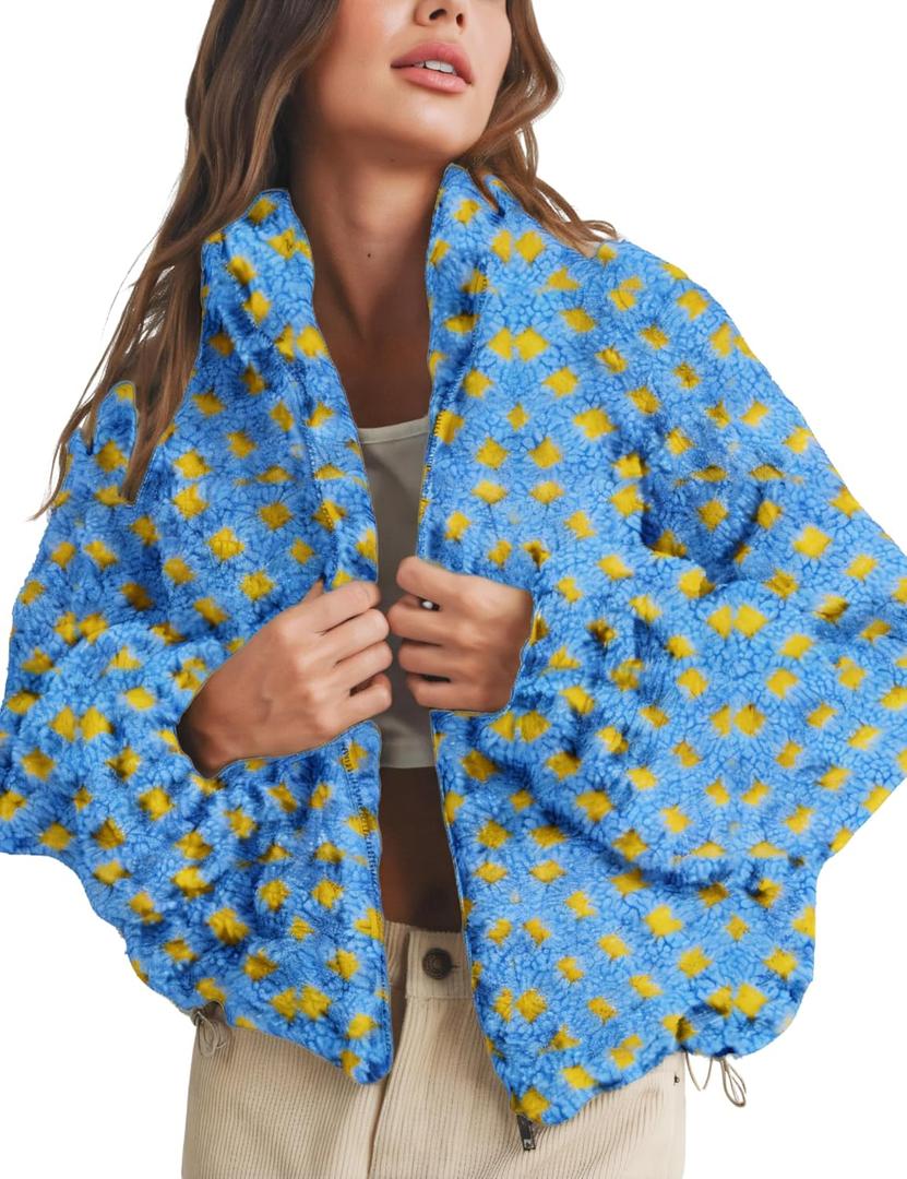Esmeling Womens Long Sleeve Cropped Sherpa Fleece Plaid Jacket Casual Chunky Teddy Fleece Outerwear (Blue, XL)