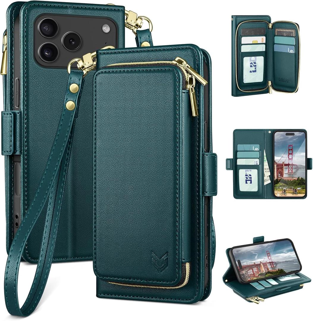 DJBEAR for iPhone 17 Pro Max 6.9" Wallet Case for Men & Women, All-in-One Flip Folio Cover with 9 Card Slots, Zipper Pocket, Detachable Wrist Strap, Full Body Protection for Apple 17 Pro Max Sea Green