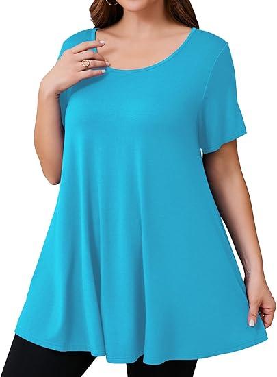 JollieLovin Women Plus Size Short Sleeve Summer Long Tunic Tops Loose Fit T-Shirt to Wear with Leggings(L-3X)