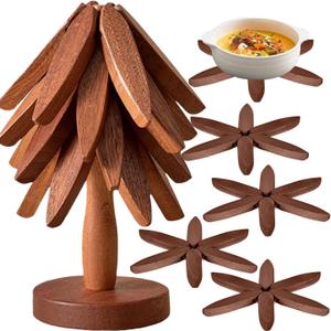 Tree Coasters Set of 4 - Wooden Trivets for Hot Dishes, Pot, Bowl, Coffee, Teapot (Brown-4)