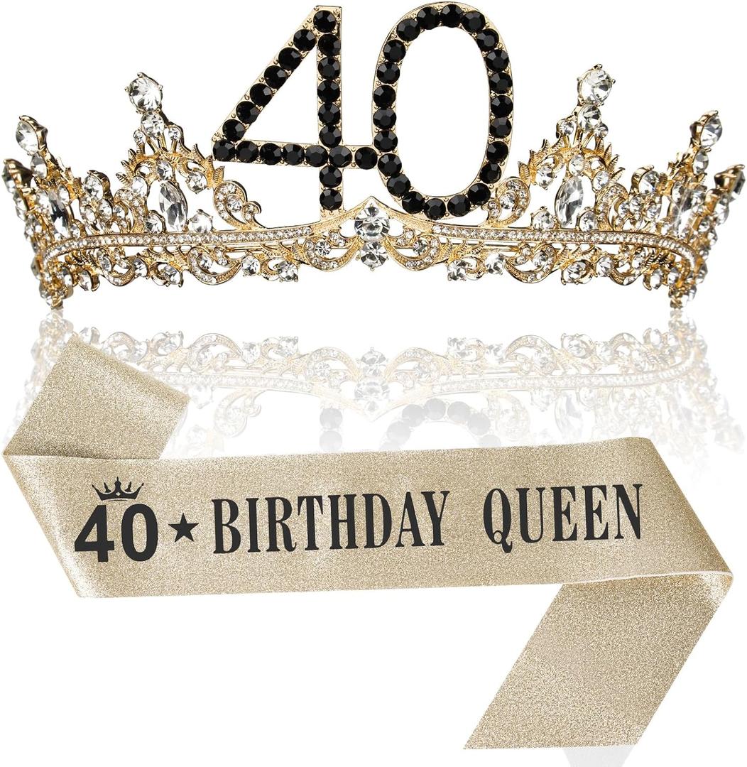 40th Birthday Crown and Sash for Women, 40 Tiara Headband, Black Gold 40th Birthday Decorations Gifts Favors for Female Friends Sister Daughter Wife Mom