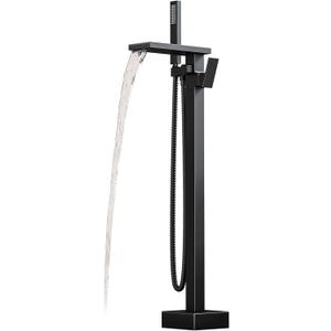 Freestanding Bathtub Faucet with Handheld Spray Single,High Flow Waterfall Bath Shower Faucet,Floor Mount Bathtub Faucet Swivel Flat Waterfall Spout Matte Black