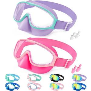 Vvinca Kids Swim Goggles with Nose Cover Comfort Fabric Strap, Wide View Diving Mask Anti-Fog/UV Swimming Goggles for 3-12