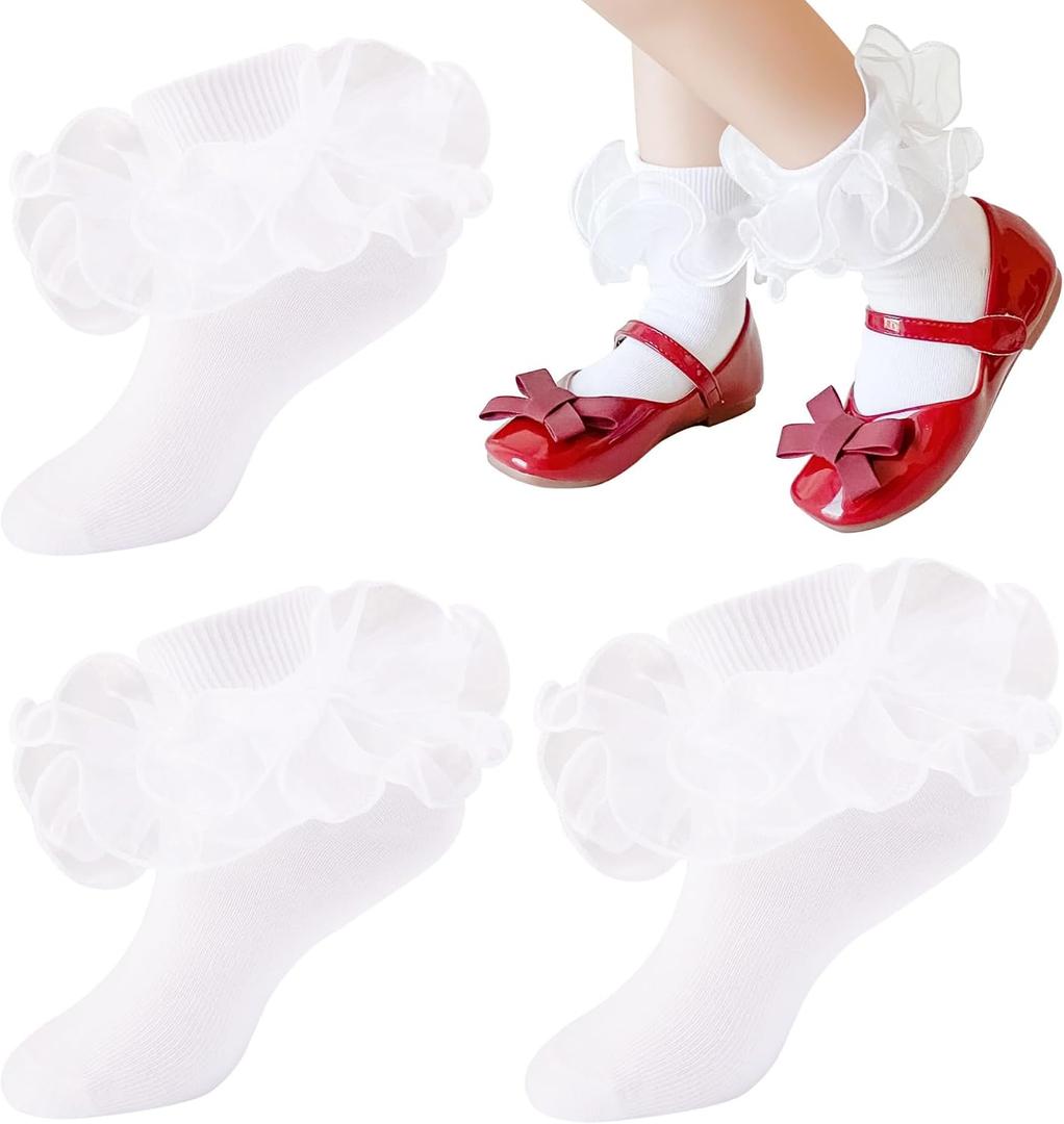 Baby Girls Socks Toddler Ruffle Socks Infant Princess Dress Socks For Newborn baby (White)
