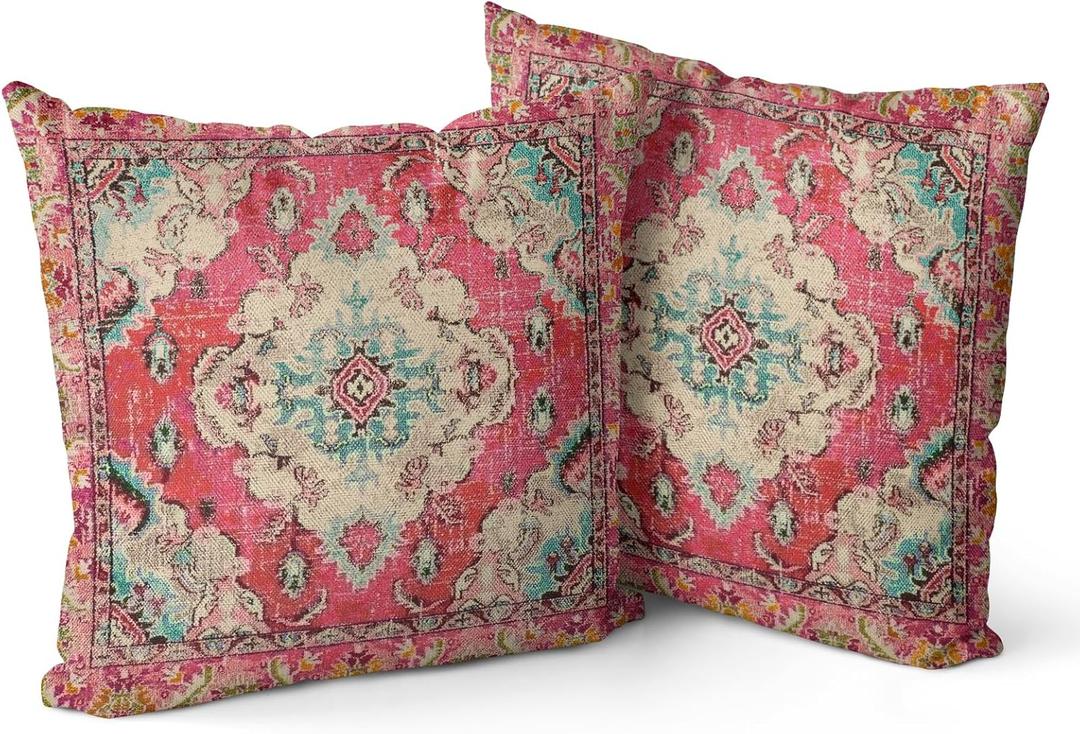 Boho Pillow Covers 20"x20" Set of 2 Monaco Red Bohemian Carpet Double Sided Pattern Linen Pillowcases Cushion Cover for Farmhouse Couch Sofa Bed Decorative, Only Pillowcase (Boho Style 11)