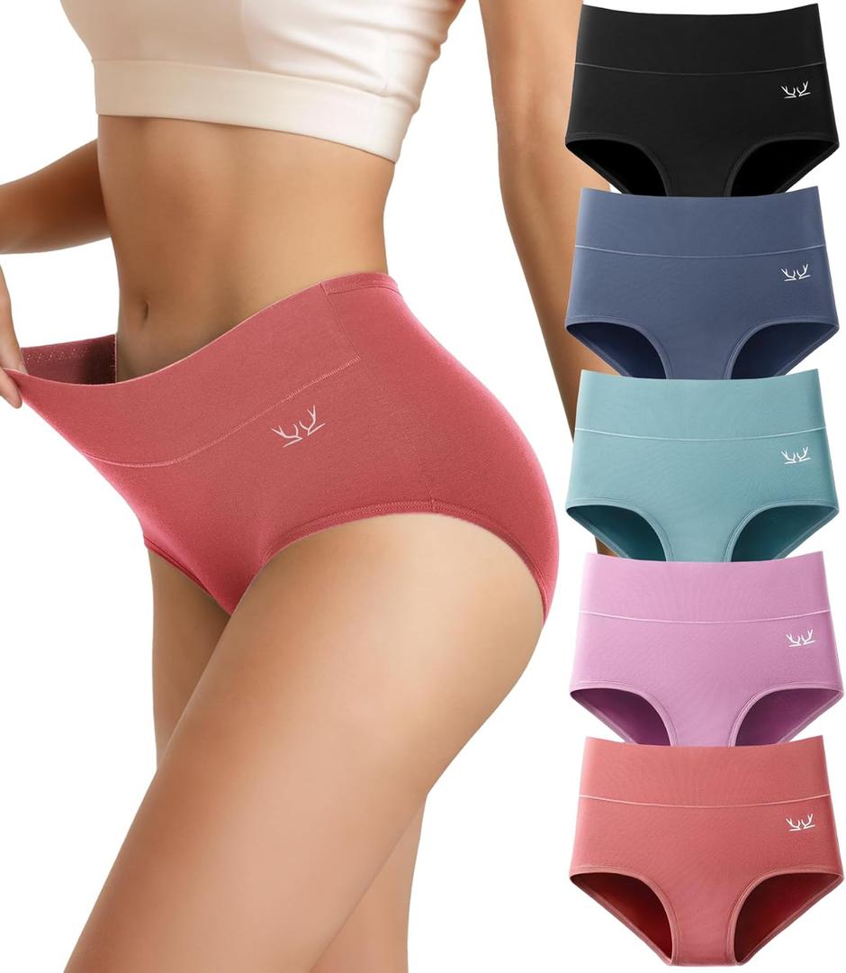 Saliryj Women's Cotton Underwear High Waisted Underwear Soft Briefs Full Coverage Ladies Panties 5 Pack(Regular & Plus Size) (Multicolor-5pcs-g2)
