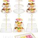 Lzerking 13pcs Dessert Table Display Set, 6 3Tiered Cupcake Stands (3round & 3square) with 4 Trays & 3 Tongs, White Gold Plastic for Wedding, Tea Party, Baby Shower Decor, Birthday Party Decoration