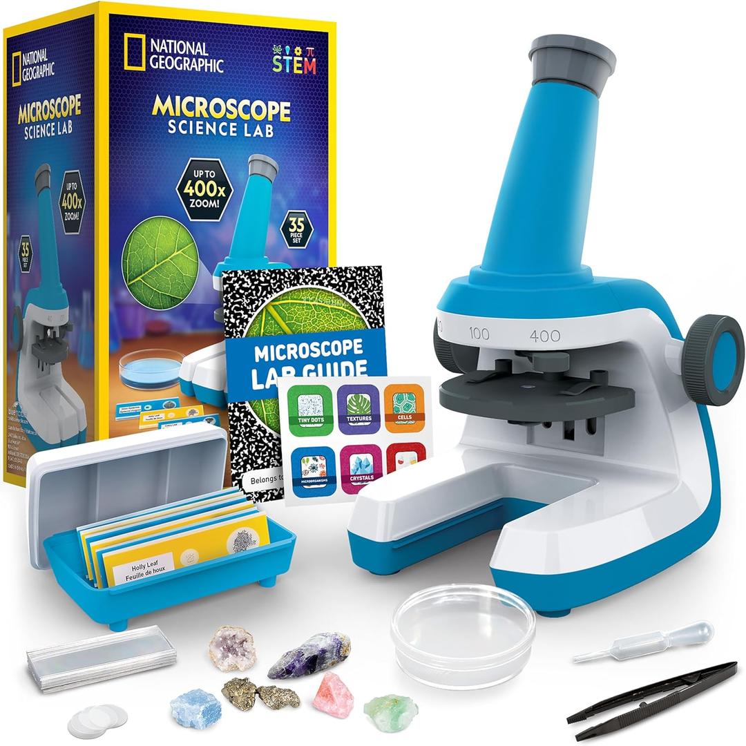 NATIONAL GEOGRAPHIC Microscope for Kids - Science Kit with an Easy-to-Use Kids Microscope, Up to 400x Zoom, Blank and Prepared Slides, Rock & Mineral Specimens, STEM Project Toy