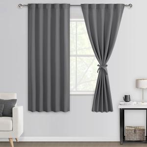 DWCN Grey Short Blackout Curtains for Bedroom - 63 inch Length Back Tab and Rod Pocket Tieable Thermal Insulated Light Blocking Window Treatment Panels for Living Room, 42 x 63 Inch, Set of 2, Grey