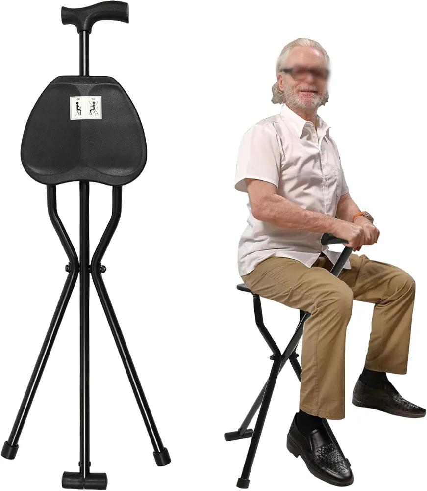 Walking Cane Chair, Walking Stick, Portable Folding Cane with Seat is 34 Inches Tall, Supports up to 240 Pounds, Anti-Slip Lightweight Walking Stick for Seniors