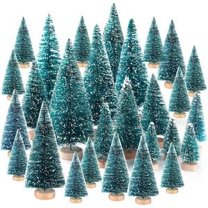 wonuu Artificial Mini Sisal Christmas Trees Snow Frost with Wooden Bases for Home Party Decoration Ornament DIY Craft (Blue-Green, Mixed 30 pcs)