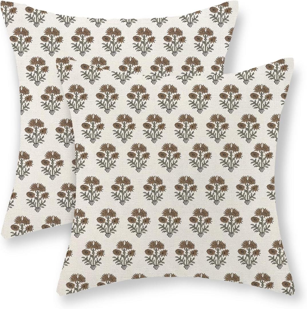 Brown Pillow Covers 18x18 Inch Set of 2 Vintage Block Print Floral Throw Pillows Neutral Modern Boho Flower Decorative Pillow Cases Farmhouse Linen Outdoor Decor Cushion Cover for Couch Sofa