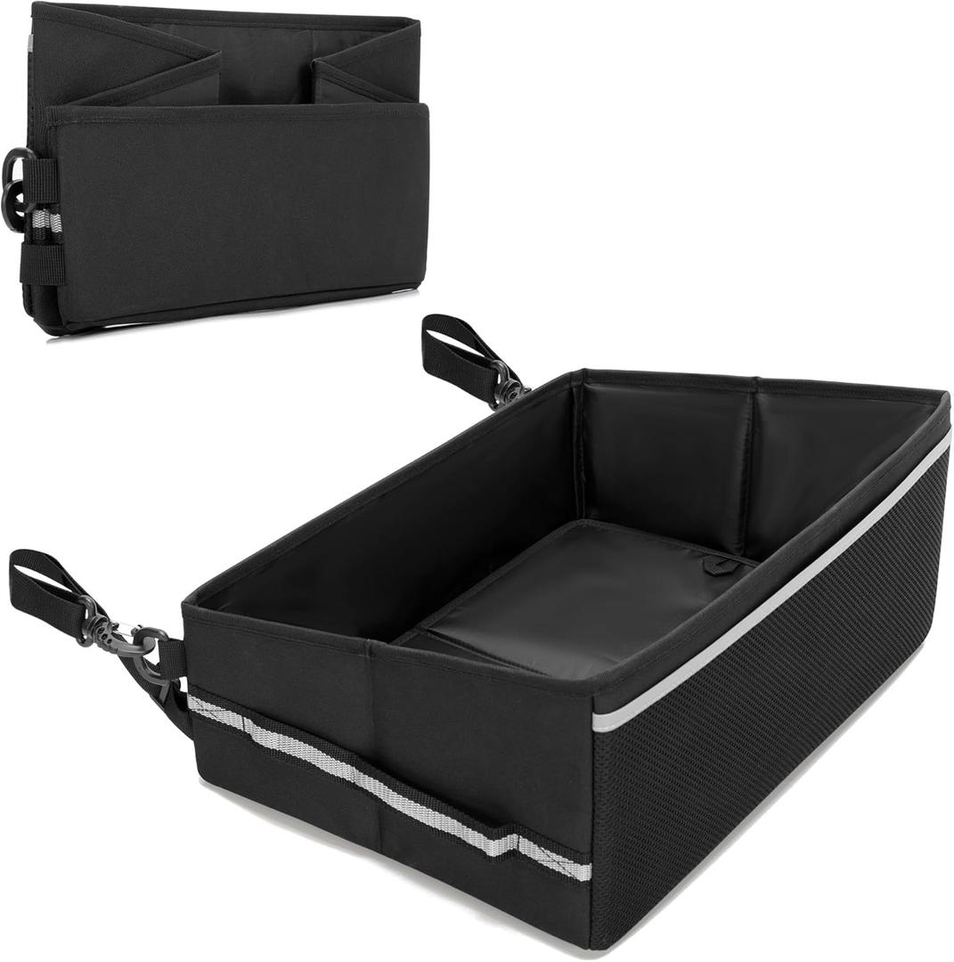 GRAOSO Under Seat Storage Fit for SuperCrew Cab, Foldable Truck Organizers and Storage Box Under Rear Seat For Single Seat with Removable Bottom Plate, 2 Side Handles and Hook Snap Fix Strap, Black (12"D x 16.3"W x 7.5"H)