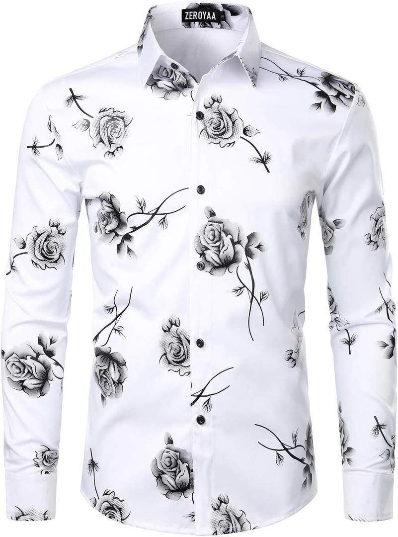 ZEROYAA Mens Hipster 3D Golden Rose Floral Printed Slim Fit Long Sleeve Button Down Dress Shirts (XX-Large, Zzcl22-white Black)
