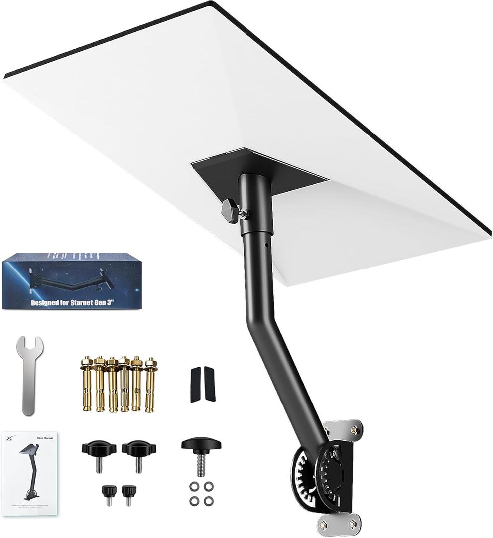 Starlink Mount Gen 3, Adjustable Wall & Roof Mounting Kit for Starlink V3 Standard Dish, Include Pipe Adapter, Easy Installation, Rustproof, Weatherproof for Concrete Walls and Wood Walls, Black