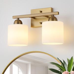 Stainless Steel Milk Glass Bathroom Vanity Light Over Mirror, 2 Light Brushed Brass Bathroom Light Fixtures with Frosted Glass, Modern Vanity Lighting Wall Mount