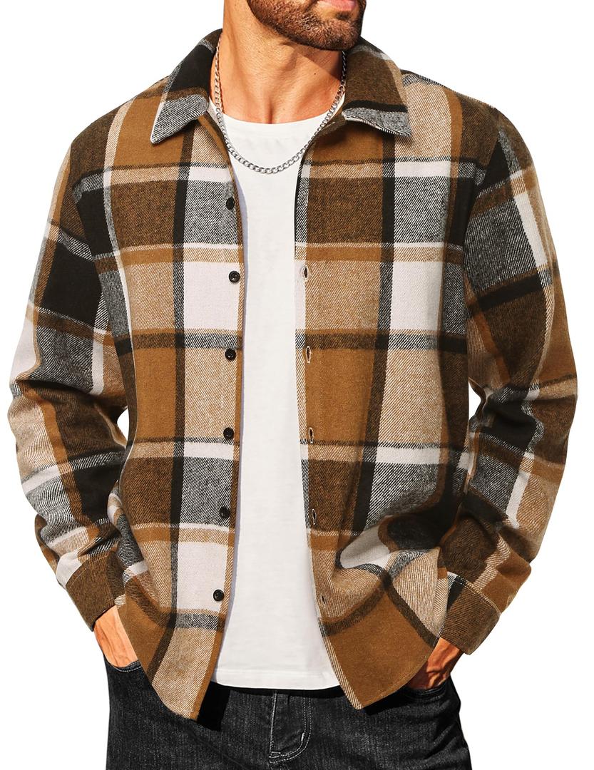 COOFANDY Men's Fleece Lined Button Up Shirt Vintage Orange Flannel Jacket for Men Long Sleeve Classic Plaid Shirts (Brown, S)