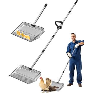 15" Extra Large Chicken Poop Scooper with Ergonomic Grip, Adjustable Length (24.6"76.6"), Metal Sifting Shovel with Holes for Chicken Coop Cleaning, Multifunctional Chicken Manure Scoop