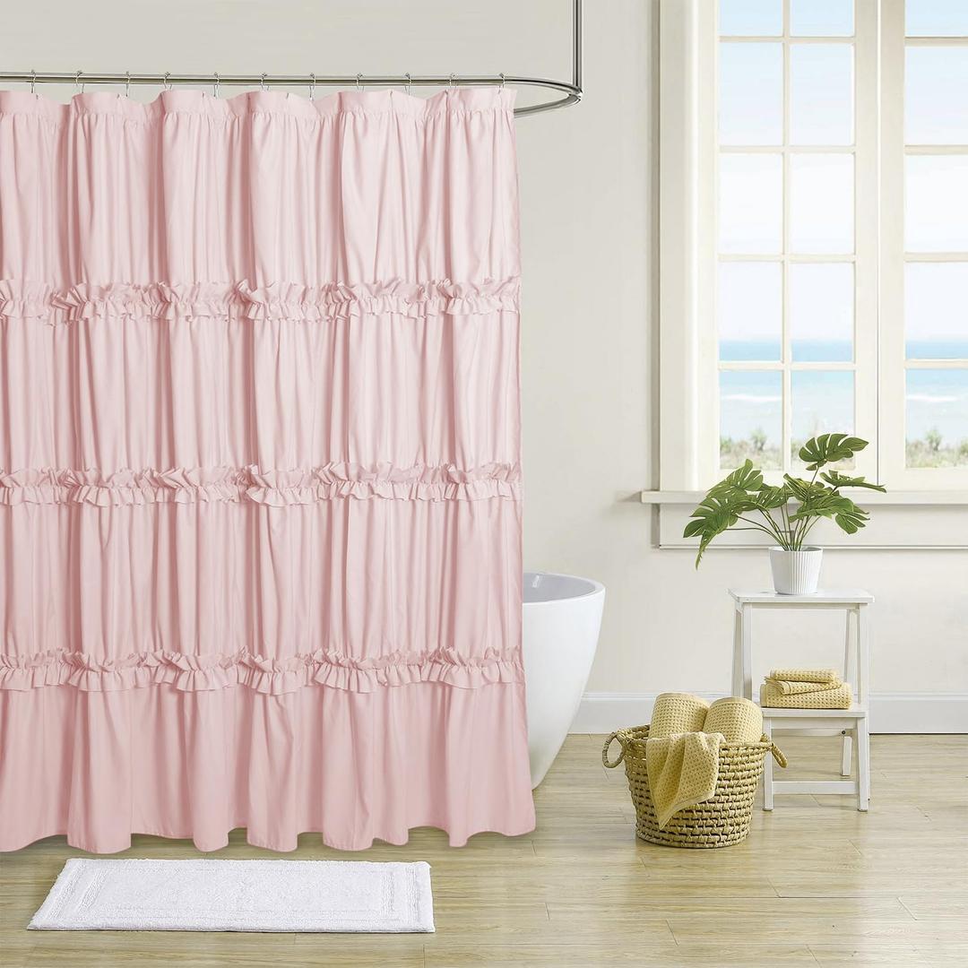 Farmhouse Ruffle Shower Curtain with Handmade Ruched, Vintage Ruffled Fabric Bathroom Curtains, Decorative Elegant Bathroom Curtain with 12 Holes, Peach Pink, 72" W x 72" H(N60049)