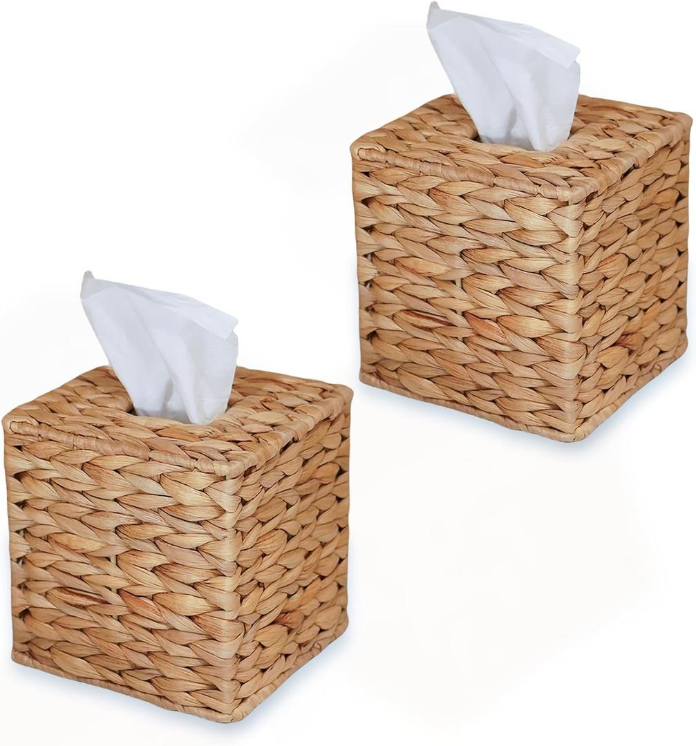 Set of 2 Water Hyacinth Handwoven Tissue Box Cover, Natural Handmade Wicker Napkin Box Holder, Handcrafted Square Facial Tissue, Rustic Decorative on Table and Bathroom, Office, Boho Decorative