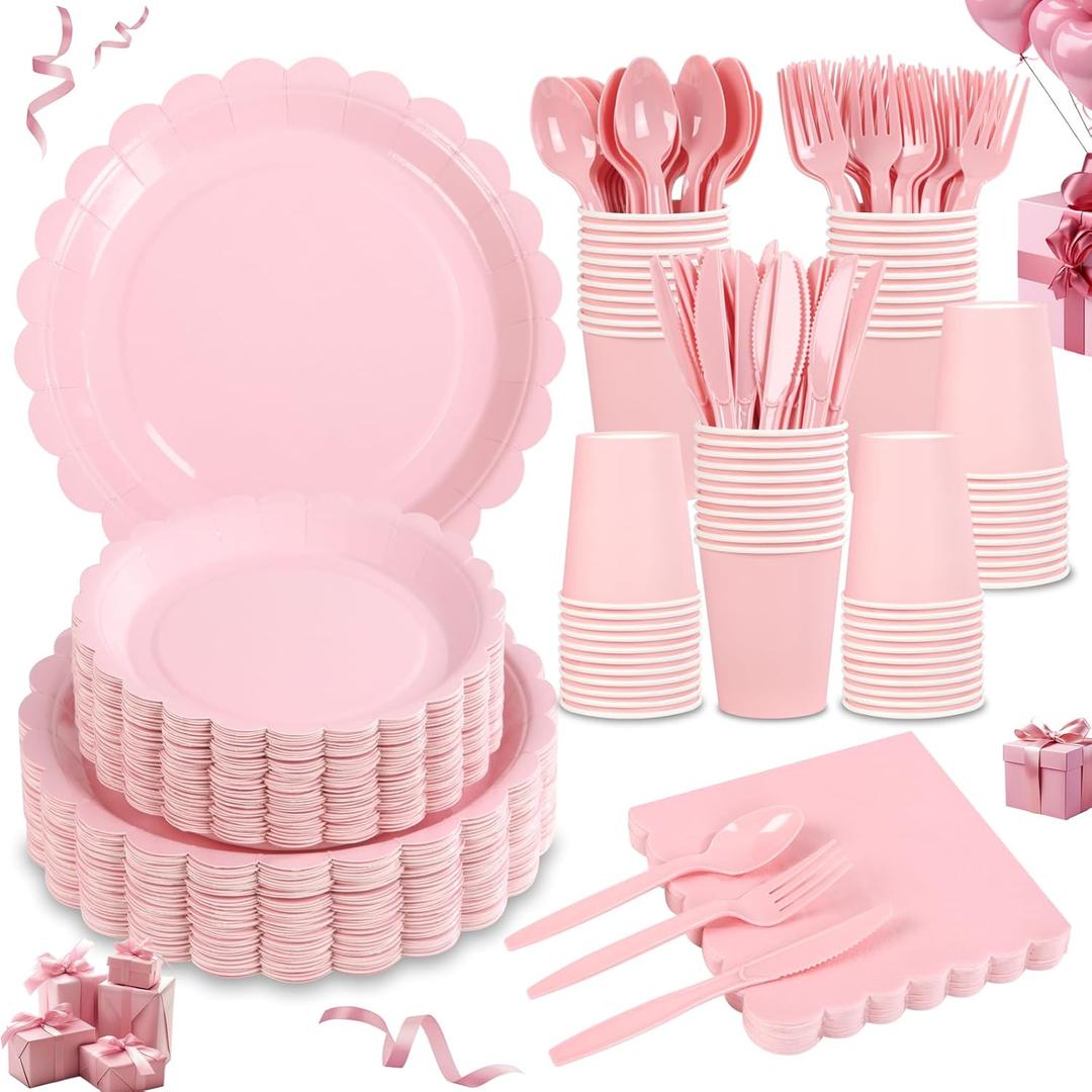 LIYH 350 Pcs Pink Paper Plates and Napkins - 50 Guest Light Pink Party Supplies Include Easter Scalloped Plates Cups Plastic Spoons Forks Knives for Baby Shower Birthday Party,Easter