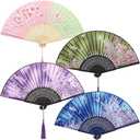 Aneco 4 Pieces Folding Fans Bamboo Handheld Fan Silk Fabric Hand Holding Fans (4, Color E)