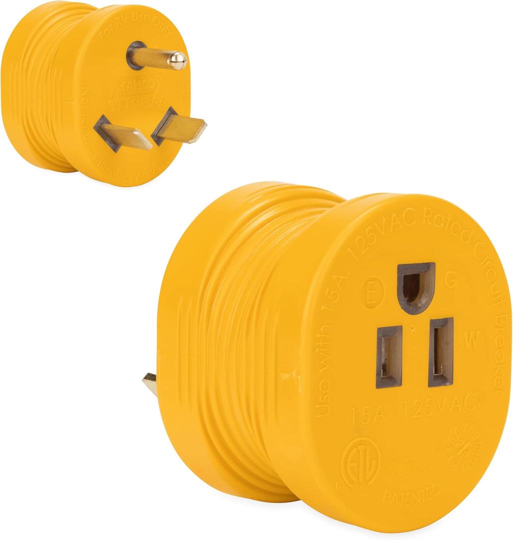 Camco PowerGrip 30AM/15AF Camper & RV Electrical Adapter Features 30-amp male (NEMA TT-30P) & 15-amp female (NEMA 5-15R) Connections - Designed w/Non-Slip Grooves for Easy Removal - 125V/1875W (55233)