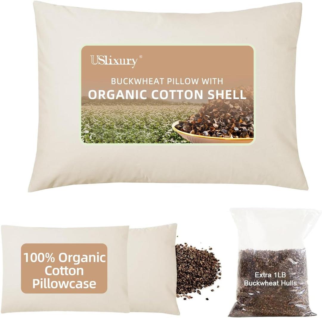 USlixury Organic Buckwheat Pillow for Sleeping with Extra Organic Pillowcase and Hulls, 15"X19" Buckwheat Hull Pillow, Adjustable Height and Firmness, Firm Neck Support for Side Sleepers, Cool, White