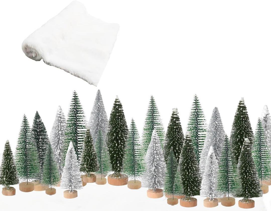 Christmas Decor Bottle Brush Trees Set- 24PCS Assorted Artificial Mini Snow Pine Trees with Wood Base for Village Miniature Craft Decorations for Home Indoor Party (Include Small Snow Blanket)