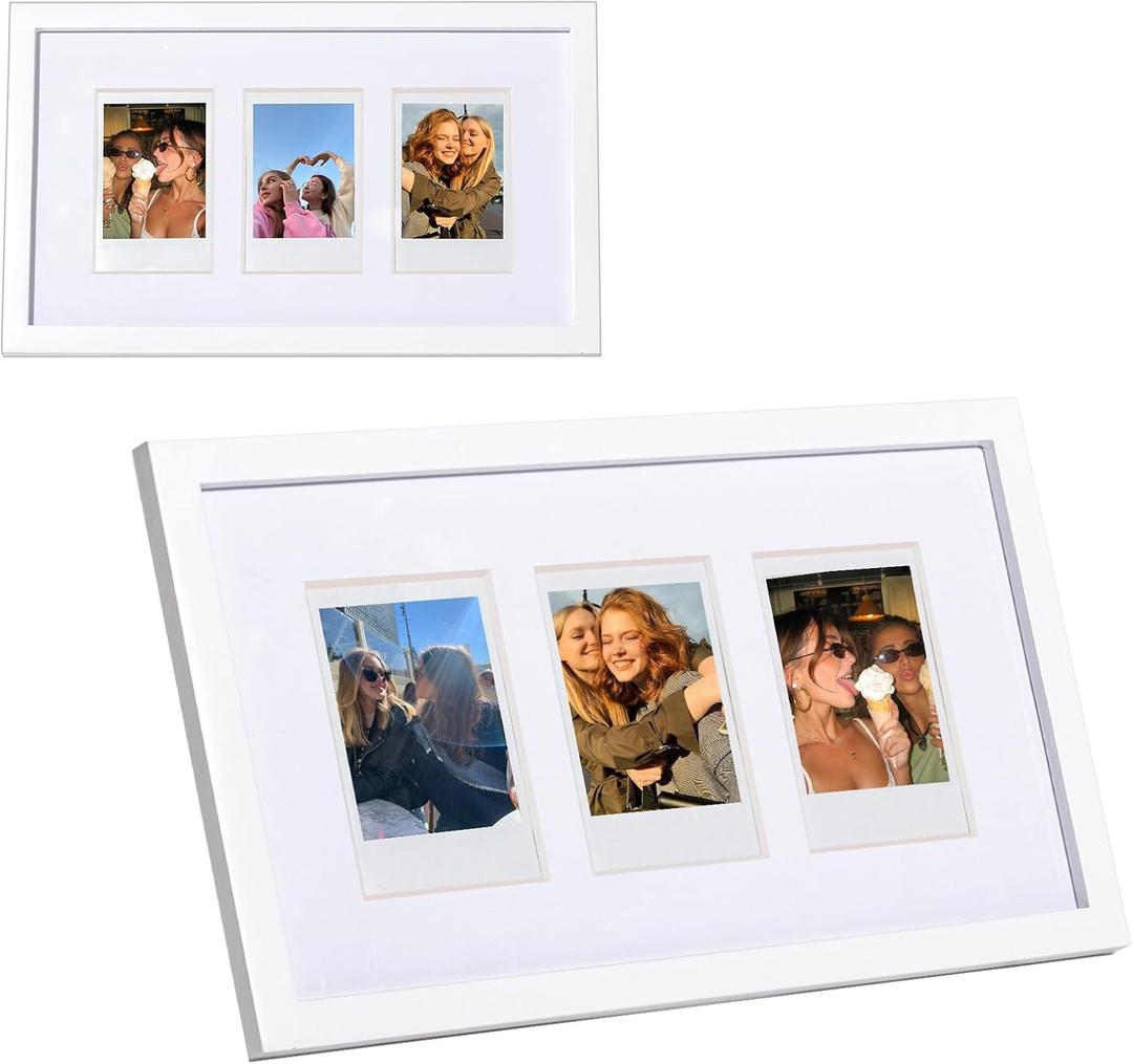 Mini Picture Frame for Fujifilm Instax Mini 13/12/11/41/EVO/SE Instant Camera, Wooden 2x3 Picture Frame for Polaroid 3 Inch 3 Films for Wall & Tabletop Display (1 Set)(White Frame White Card)