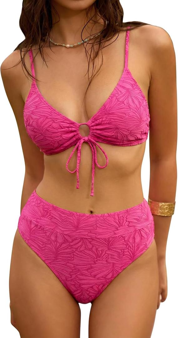 ZAFUL Bikini Sets for Women String 2 Piece Swimsuits High Waisted Bathing Suit V Neck Cut Out Swimwear (Small, Fuchsia Red)