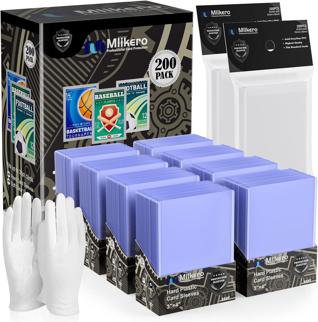 400 Card Sleeves Hard Plastic, 3"x4" Baseball Card Protectors Hard Plastic for Baseball, Football and Game Cards (200 Hard Card Sleeves + 200 Clear Sleeve)