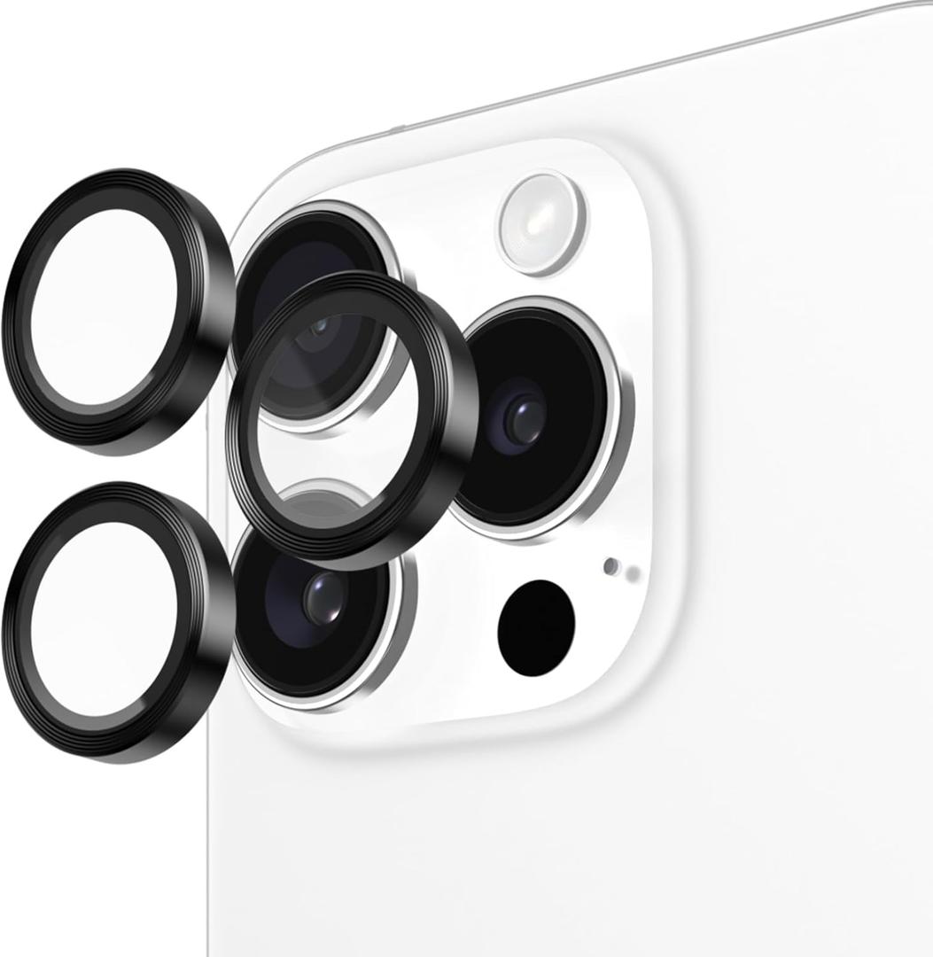 Pelican Camera Lens Protector w/Aluminum Rings for iPhone 16 Pro Max/iPhone 16 Pro - 9H Tempered Glass - Durable Anti-Scratch, Anti-Shatter, HD View w/Night Shoot, Case Friendly, Easy Install - Black