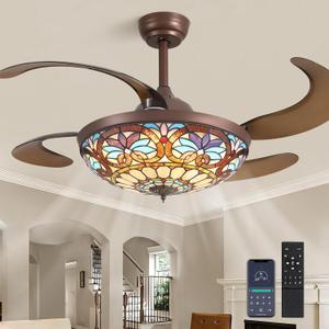 48'' Tiffany Retractable Ceiling Fan, Stained Glass | APP & Remote Control, Dimmable Chandelier Fan, Tiffany Fandelier for Large Living Room Dining Room Bedroom Kitchen