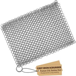 TOPULORS Cast Iron Scrubber 316 Stainless Steel Skillet Cleaner 8"x6" Chainmail Scrubber Scraper Chain Mail Link Scrub for Cast Iron Pre-Seasoned Pans, Griddles, BBQ Grills, and Pot Cookware Cleaning