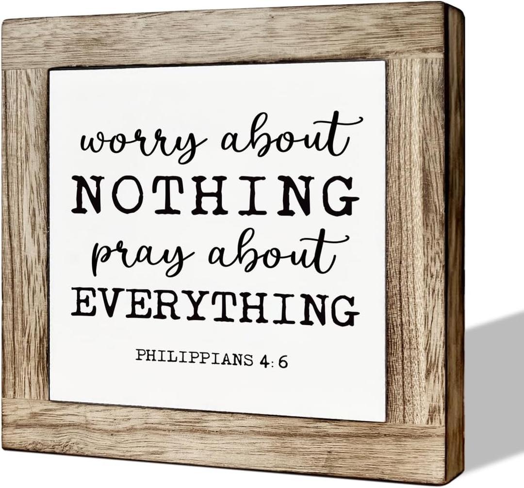 Inspirational Wooden Plaque, Bible Verse Artwork Wooden Box Sign, Relief Wood Sign for Home Bedroom Decor, Christian Gift for Women Men, Worry About Nothing Pray about Everything Sign