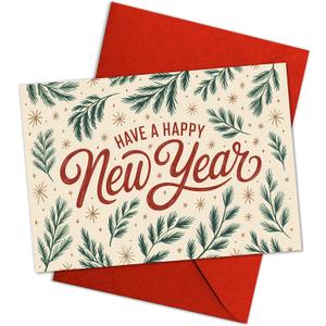 Have a Happy New Year Card Festive Pine Branch Design Rustic Botanical Holiday Greeting for Friends Family Coworkers Elegant Nature Inspired New Year 2026 Card 5.3''x8'' Folded with Envelope