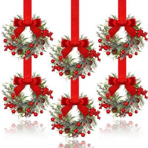 Dingion 6 Pcs 6" Christmas Mini Cabinet Wreaths for Kitchen with Ribbon Bows Red Berry Small Window Wreath for Window Door Farmhouse Christmas Party Decorations (Stylish Style)