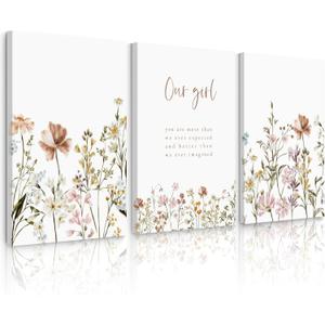 Lhoiplme Wildflower Nursery Wall Art Decor Baby Girl Room Canvas Pictures Boho Floral Nursery Wall Decor Botanical Print Pink Flower Painting for Bedroom 12x16x3 Inch Wrapped Canvas